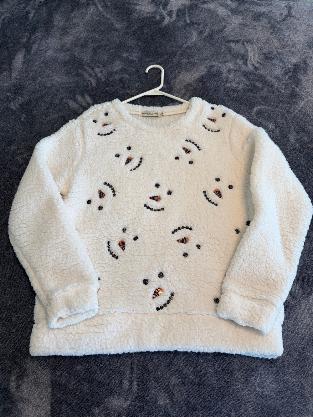 Chance or Fate Cream Sherpa Crewneck Sweater with Snowman Faces